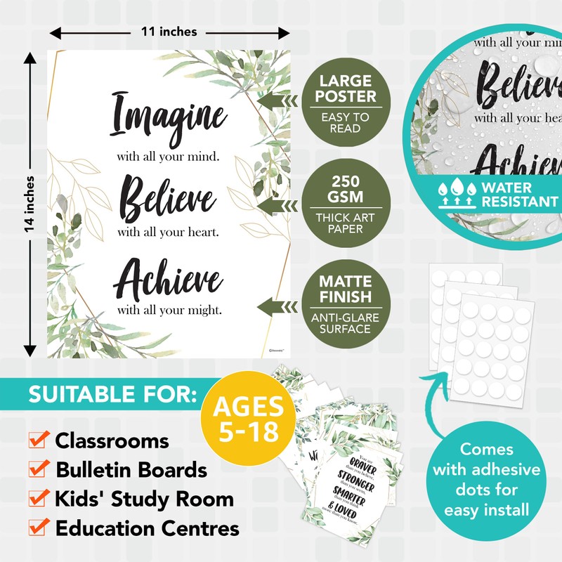 Decorably 15 Eucalyptus Classroom Posters Decor, 11x14in Matte-Laminated Inspirational Greenery
