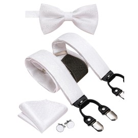 Hi-Tie Mens White Suspender Bowtie Set Handkerchief Cufflinks Adjustable Y Shape Elastic Straps Strong Metal Clips Set