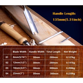 ATOPLEE 4 Piece Wood Chisel Set for Woodworking, Professional Wood Chisel Tool Carpenter Gouge CR-V Steel Semi-Circular Edge Sharp Blade 8mm(5/16")/12mm(1/2")/18mm(3/4")/25mm(1") (Full Size-4PCS)