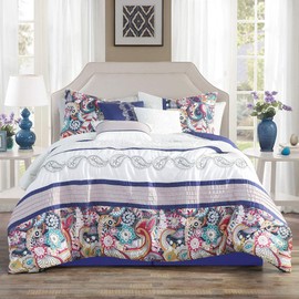 7 Piece Paisley Design Print Comforter Set Multicolor Purple White Size Bed in a Bag Chic Bedding Set- Gina (Queen)