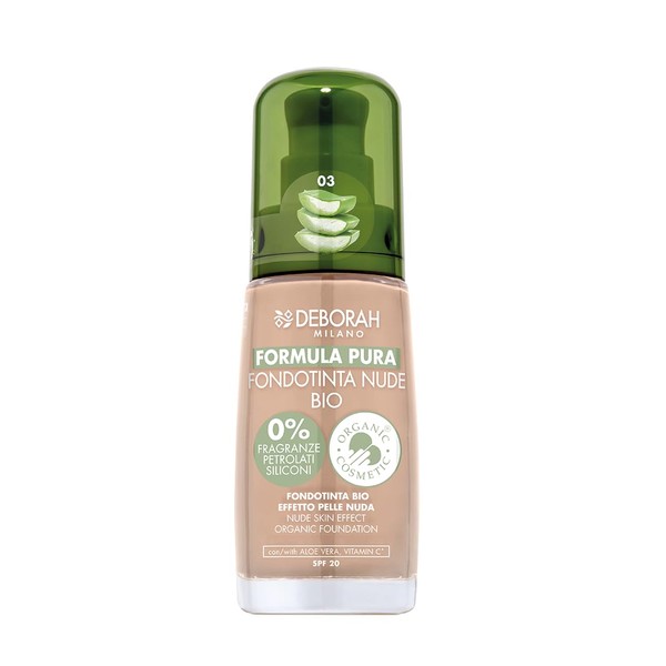 Deborah Milano Foundation Formula Pure Nude BIO, No. 03 Beige, with Vitamin C and Aloe Vera, SPF 20, Liquid Texture with Medium Coverage, for an Even, Radiant and Velvety Complexion