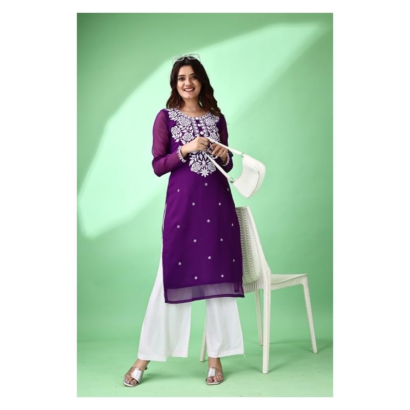 Estationeryhouse Women's Georgette Lucknowi chikankari kurti, Rose Design with Heavy