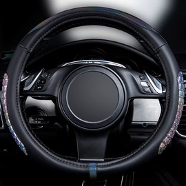 Flying Banner car Steering Wheel Cover Gel Massage Velvet Cool Warm Universal Size 15 inches SUV Truck Anti Slip Odorless Summer Winter (Black Muti-Volor Faux Leather, Gel Massage)