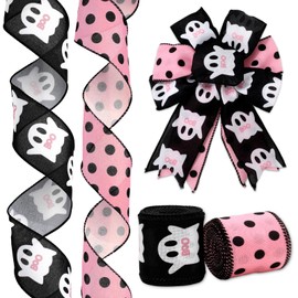 JarThenaAMCS 2 Roll Halloween Wired Edge Ribbon Ghost Boo Polka Dots Ribbon Pink Black Fabric Ribbons for Wreath Bow Making DIY Crafts Wrapping, 20 Yard