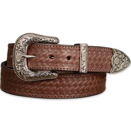 BullhideBelts.com Men's Leather Basket Weave Western Belt, 1.5” Wide, Brown, 38“