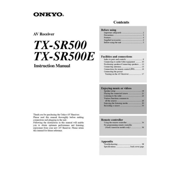 Unbranded Onkyo TX-SR500 Tuner Owners Manual