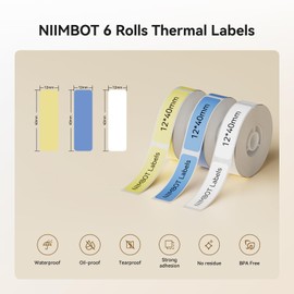NIIMBOT 6 Rolls Labels Maker Tape for D11/D110/D101 Label Maker, 0.47'' x 1.57'' -160 Tapes/Roll, Thermal Label Tape for Home Office Labeling Tape Replacement (White Blue Yellow)