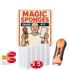 Magic Sponges Cleaning Eraser Kit, 5 Pack Sponge Foam Pads, Scraper Tool with Refills, Multi-Functional Household Cleaning Kitchen Dish Sponge for Furniture, Bathroom, Bathtub, Sink, Floor, Baseboard