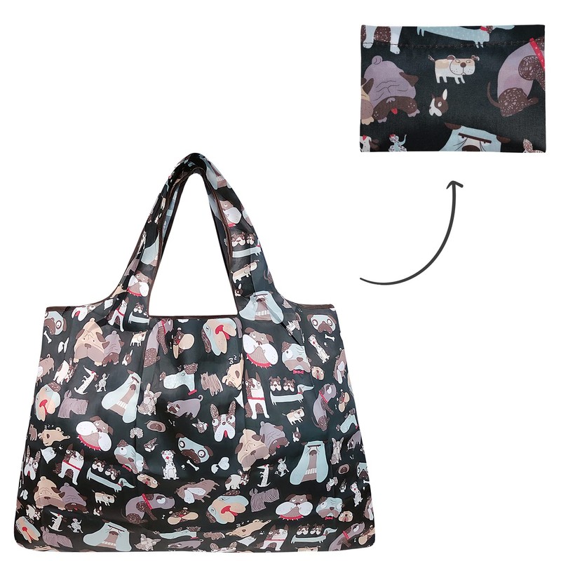 allydrew Large Foldable Tote Nylon Reusable Grocery Bag, Black Dogs