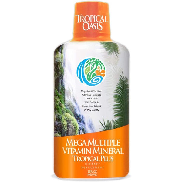 Tropical Oasis Mega Plus - Liquid Multivitamin and Mineral Supplement – Includes 85 Vitamins & Minerals, 20 Amino Acids + CoQ10, Grape Seed Extract & Organic Aloe Vera - 32oz, 32 Servings