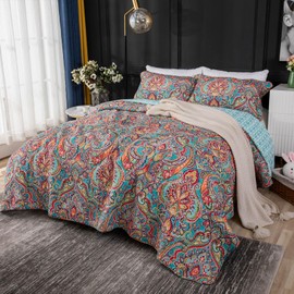 YASMENG 100% Cotton Boho Quilt Set Full Queen Size Colorful Gorgeous Paisley Mandala Floral Reversible Quilted Bedding Bohemian Vibrant Exotic Soft Breathable Bedspread Coverlet Set for All Seasons