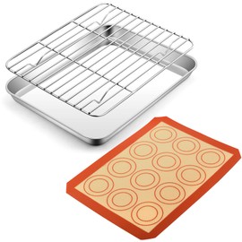 P&P CHEF 9 Inch Baking Oven Sheet Pan with Rack & Mat for Cookie, Stainless Steel Oven Sheet Tray Cooling Rack and Silicone Mat for Baking & Roasting, Dishwasher Safe & Healthy, 3Pcs