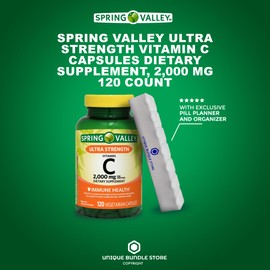 Spring Valley, Vitamin C 2000mg, 120 Count Capsules, Ultra Strength Vitamin C Dietary Supplement + 7 Day Pill Organizer Included (Pack of 1)