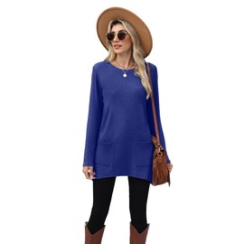 XIEERDUO Womens Long Sleeve Tunic Tops Ladies Tops Loose Fit Jumpers Long Sleeve Sweatshirts with Pockets Asymmetrical Hems Size 18-20 Royal Blue