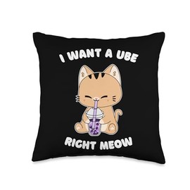 Boba Cat Taro Ube Bubble I Want a Ube Right Meow Throw Pillow