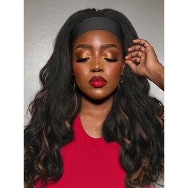 FANCEE Yaki Wavy Headband Wigs Brown Highlights Kinky Straight Wear and Go Wig with Curly Wavy Ends for Mom on the Go Synthetic Headband Blow Out Style Natural Hair Wig for Black Women P1B/30