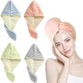 JSUSOU - Paquete de 4 toallas de pelo de microfibra para niñas de secado rápido, turbante de cabello con botón ajustable, envoltura de toalla de cabello para mujeres, toalla de secado de cabello