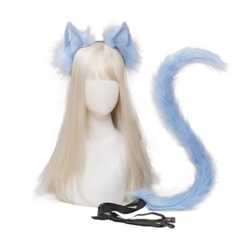 Handmade Cat Ears Headband and Tail Set, Flexible Animal Fox Ears Hair Hoop Tail Cosplay Party Costume Fancy Dress Accessories (Blue)