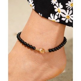 Jewboo Simple Natural Black Obsidian/Citrine Crystals Anklet Anxiety Healing Protection Ankle Bracelets for Women Beach Foot Jewelry Adjustable (8.5-10inch)