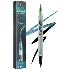 2-in-1 Waterproof Liquid Eyeliner, Curved Black Tip and Chameleon Color Shifting Eyeliner Pen, Quick Drying for All-Day Wear, Smudge Proof and Transfer Proof Eye Liner for women (Green and Purple)
