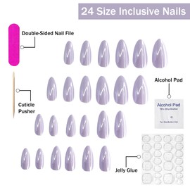 Light Purple Press on Nails Medium Length Almond Shaped Glue on Nails Glossy Fake Nails with Pure Color False Nails Reusable Acrylic Nails Fully Cover Stick on Nails for Women and Girls In Daily Life
