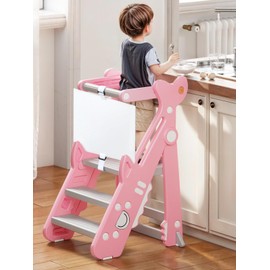 VBABY Foldable Toddler Tower, Adjustable Height Toddler Step Stool, Plastic Learning Tower, Toddler Standing Tower, Pink