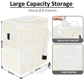 BAOGCOYO Cute Mini Car Trash Bag with Lid, Glitter Garbage Can Bin Hanging for Back/Front Seat/Console, Waterproof, Leakproof, 2.5 Gallon, Beige Cream Bling Sparkly