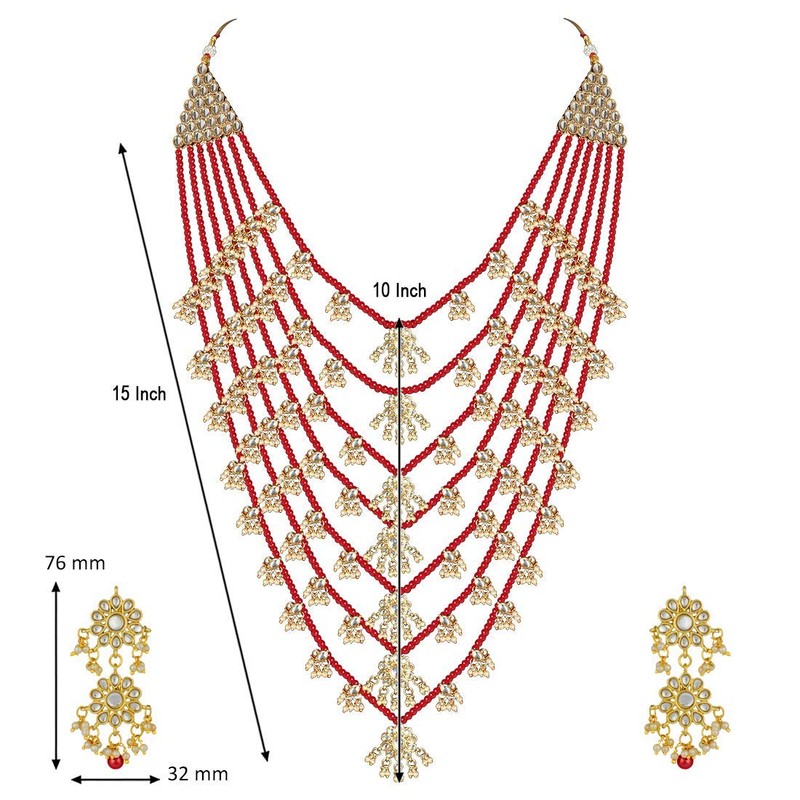 Aheli Multi Layered Red Pearl con Kundan Collar Pendiente Indio