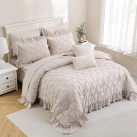 MOVE OVER Beige Comforter Set Queen 10 Pieces Bed in a Bag Pintuck Comforter Set Queen Size Pinch Pleated Bedding Set for All Seasons Soft Microfiber Vintage Shabby Chic Ruffles Comforter Sets