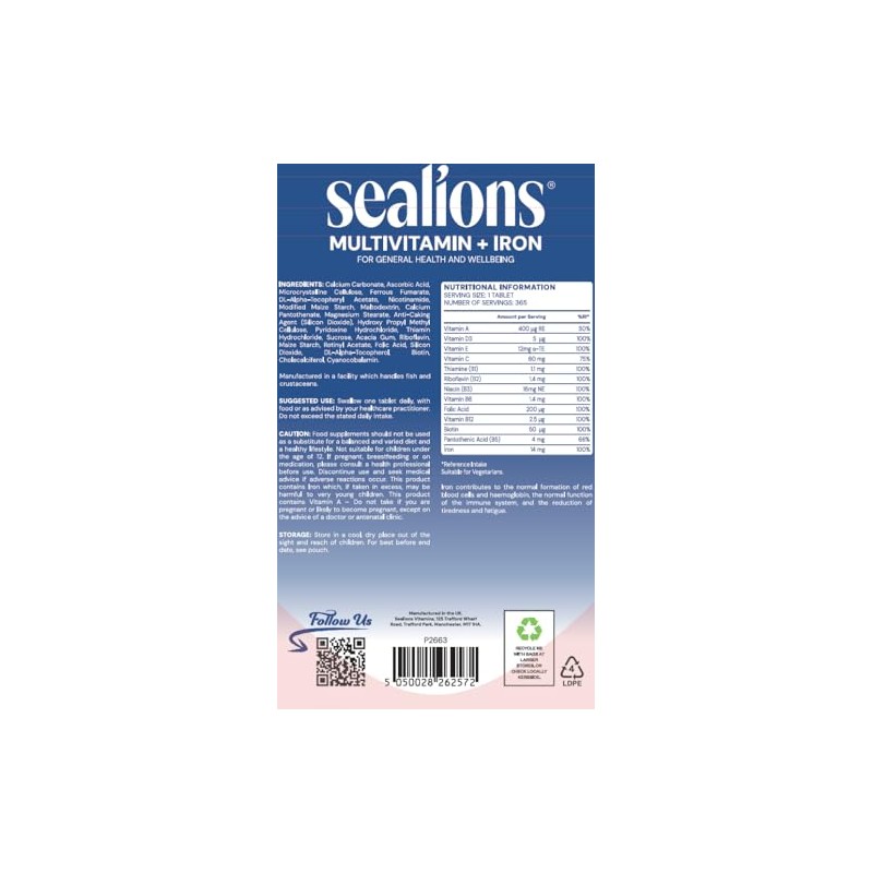 Sealions Multivitamin + Iron | 365 High Strength Vegetarian Tablets