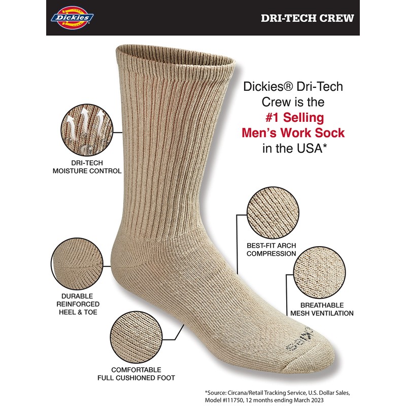 Dickies Men's Dri-Tech Essential Moisture Control Crew Socks Multipack, Essential