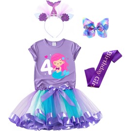 3-8 Years Mermaid Birthday Outfit for Girls - Tutu Skirt, Shirt, Satin Sash & Headband (Purple 4, 4-5 Years)