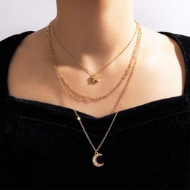 Yienate Boho Layered Star Moon Necklace Choker Vintage Gold Star Pendant Necklace Funky Crystal Crescent Moon Necklace Multilayer Statement Rhinestone Crescent Moon Necklace Jewellery for Women Girls