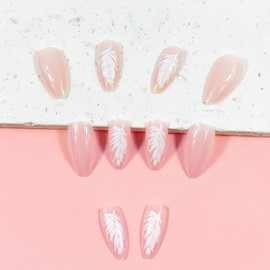 Medium Short Almond Press on Nails Fake Nails Simple with Nude Pink Feather Design False Nails French Tip Stick on Nails Full Cover Thick Glossy Acrylic Glue on Nails for Women 24Pcs DK-25059