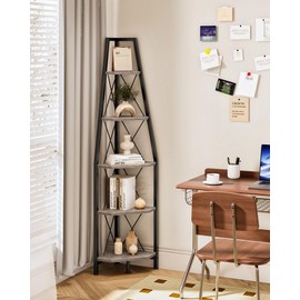 CHOEZON 5-Tier Corner Shelf, Corner Bookshelf, Ladder Shelf, Floor Standing Storage Rack, Open Display Stand, Plant Stand, for Living Room, Bedroom, Study, Bathroom, Greige and Black TCJ22BG