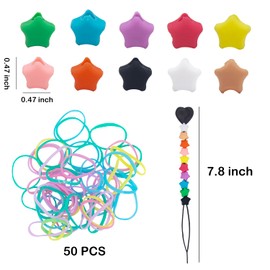 50pcs Silicone Hair Beads for Kids Girls Braids，5mm Star Washable Hair Beads，1 Quick Beader for Hair Braid, 50 Elastic Rubber Bands