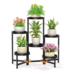 LASZOLA 6 Tiered Folding Plant Stand Indoor for Multiple Large Planter, Tall Heavy Duty Adjustable Rack with Rust Proof Plastic Shelving, Sturdy Vertical Tree Organizer for Narrow Inside Floor, Black