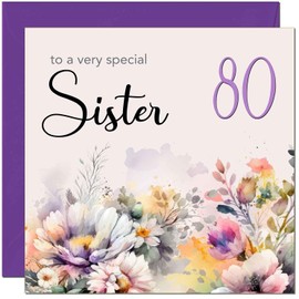 80th Sister Birthday Card - Purple Floral Sister's Birthday Card for 80 Year old Eighty Eightieth