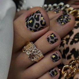 Press on Toenails Short Fake Toenails Black Leopard Matte Glue on Toenails Full Cover Acrylic Toenails Shiny Gold Glitter Artificial Toenails for Women Manicure 24Pcs