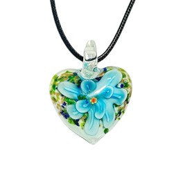 Handblown Murano Glass Style Necklace, Colorful Large Heart Pendant Necklace, Murano Glass Inspired Jewlery, Gifts for Women Girls Christmas (Sky Blue+White Back)