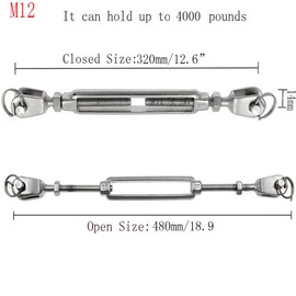 316 Stainless Steel Jaw and Jaw Open-Body Turnbuckle, 1/2" (12mm) Thread Diameter, Durable, Weather Resistant, Heavy Duty Clasp, Open Body Lock QQ Claws Marine Class - (1PCS)