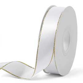 50 Yards White Satin Ribbon with Gold Edges 1 Inch Fabric Continuous Ribbon Double Faced Satin Wired Ribbons for Gift Wrapping Flower Bouquets Decor