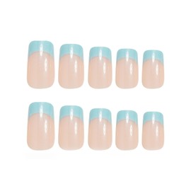 MISUD Press on Nails - Short Square Fake Nails with Summer Blue French Tip, Acrylic Chrome Design 24 pcs