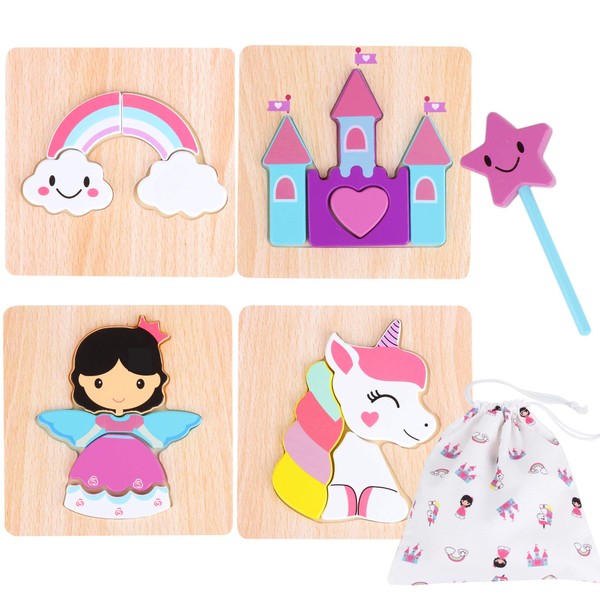 Princess Jigsaw Puzzle and Wand Set - Storage Bag Included - Rainbow, Unicorn and Castle Set - Puzzle for Toddlers 1-3