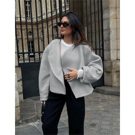 Tankaneo Women Oversized Cropped Pea Coats Lapel Open Front Jackets Winter Short Outerwear