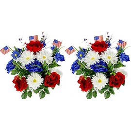 Admired By Nature 18 Stems Artificial Blooming Peony, Gerbera Daisy with Small American Flags, Fillers Mixed Flowers Bush for Memorial Day, Red/Blue/White, 2 Pieces