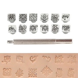 Metal Stamping Tool for Leather, 12 Pieces DIY Zinc Alloy Leather Punching Tool Flower Pattern Plant Stampers Saddle Making Tool with 1 Piece Handle for Embossing Metal Wood Plastic Craft Leather