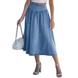 CUPSHE Women's Denim Maxi Skirt Pleated Elastic High Waist Casual Long Skirt for Autumn Winter, Denim-blue