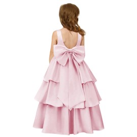 HEWEGO Girls Crewneck Pink Flower Girl Maxi Dresses for Wedding Elegant Bow-Knot Toddler Formal Evening Satin Pageant Dress for Girls Backless First Communion Baptism Ruffled Dress Pink Size 10