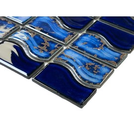 Wave Sea Cobalt Blue with Calacatta Gold Porcelain Lineup Border Pool Wall Tile on 6x12 Mesh for Easy Installation, for Bathroom Wall, Backsplash (10 Pieces)